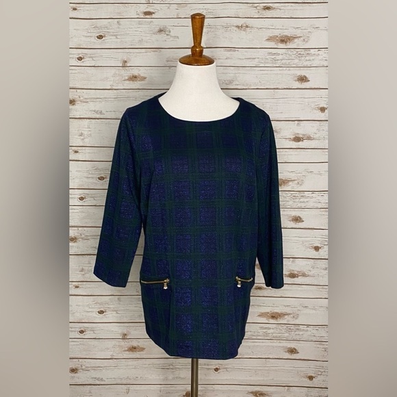 Talbots green/blue metallic plaid tunic top Size 1X - Picture 1 of 7